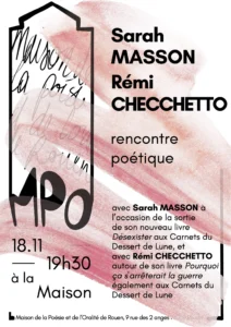 Affiche du rencontre poétique avec Sarah Masson et Rémi Checchetto